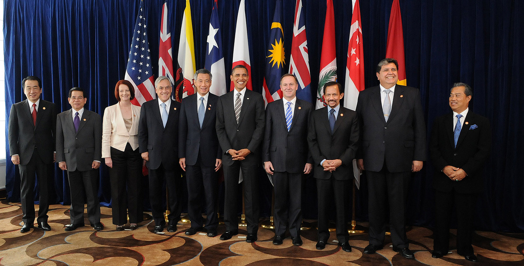 Photograph of the leaders of TPP member states grinning in front of their nations' flags.